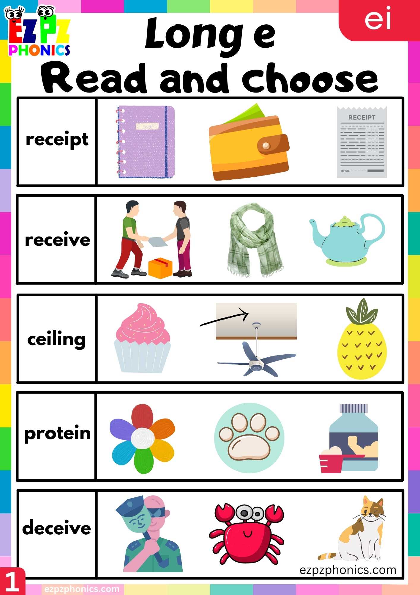 EI Words Read And Choose Long E Phonics Worksheet